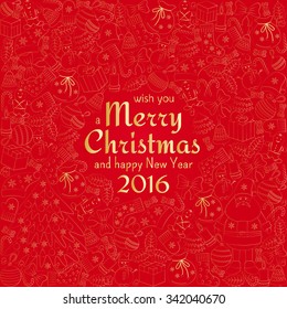 Christmas greeting card with text wish you a Merry Christmas and many winter doodles. Santa, toys, cookies, snowmen, fir, candies, socks, gifts, bows, snowflakes, stars, hollies, mittens, red