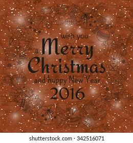 Christmas greeting card with text wish you a Merry Christmas and wreath with many winter doodles. Santa, toys, cookies, snowmen, fir, candies, socks, gifts, bows, snowflakes, hollies, mittens.