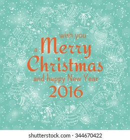 Christmas greeting card with text wish you a Merry Christmas and wreath with many winter doodles. Santa, toys, cookies, snowmen, fir, candies, socks, gifts, bows, snowflakes, hollies, mittens.