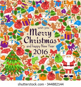 Christmas greeting card with text wish you a Merry Christmas and many winter doodles. Santa, toys, cookies, snowmen, fir, candies, socks, gifts, bows, snowflakes, stars, hollies, mittens, etc.