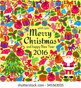 Christmas greeting card with text wish you a Merry Christmas and many winter doodles. Santa, toys, cookies, snowmen, fir, candies, socks, gifts, bows, snowflakes, stars, hollies, mittens, etc.