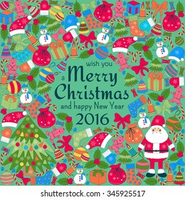 Christmas greeting card with text wish you a Merry Christmas and many winter doodles. Santa, toys, cookies, snowmen, fir, candies, socks, gifts, bows, snowflakes, stars, hollies, mittens, etc.