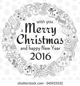 Christmas greeting card with text wish you a Merry Christmas and wreath with many winter doodles. Santa, toys, cookies, snowmen, fir, candies, socks, gifts, bows, snowflakes, hollies, mittens.