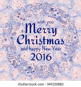 Christmas greeting card with text wish you a Merry Christmas and wreath with many winter doodles. Santa, snowmen, fir, socks, gifts, bows, snowflakes, hollies, mittens. Bubble smoke background.