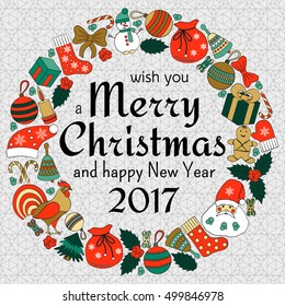 Christmas greeting card with text wish you a Merry Christmas and wreath with many winter doodles. Santa, toys, cookies, snowmen, fir, candies, socks, gifts, bows, snowflakes, hollies, mittens