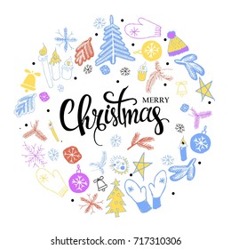 Christmas greeting card with text wish you a Merry Christmas and wreath with many winter doodles. Santa, toys, cookies, snowmen, fir, candies, socks, gifts, bows, snowflakes, hollies mittens
