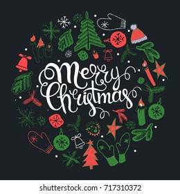 Christmas greeting card with text wish you a Merry Christmas and wreath with many winter doodles. Santa, toys, cookies, snowmen, fir, candies, socks, gifts, bows, snowflakes, hollies mittens
