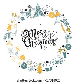 Christmas greeting card with text wish you a Merry Christmas and wreath with many winter doodles. Santa, toys, cookies, snowmen, fir, candies, socks, gifts, bows, snowflakes, hollies mittens