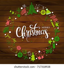 Christmas greeting card with text wish you a Merry Christmas and wreath with many winter doodles. Santa, toys, cookies, snowmen, fir, candies, socks, gifts, bows, snowflakes, hollies mittens
