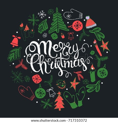 christmas greeting card with text wish you a merry christmas and wreath with many winter doodles - Merry Christmas Wishes Text christmas greeting card with text wish you a merry christmas and wreath with many winter doodles - Merry Christmas Wishes Text