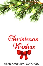 Christmas greeting card with text christmas wishes. Three and lights isolated on white background. Cute red ribbon.