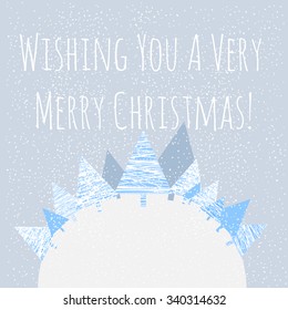 Christmas Greeting Card. Textured Christmas trees in blue monochrome color gamma 