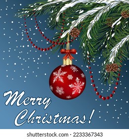 Tarjeta de felicitación navideña con texto.Ilustración vectorial con una bola de Navidad en una rama de abeto en un fondo de color con texto.
