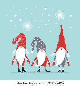 Christmas greeting card. Three cute Gnomes in hats.