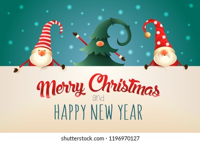 Christmas greeting card. Three Christmas Gnomes with board on green background. One hidden in Christmas tree