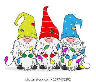 Christmas greeting card. Three gnomes with Christmas lights