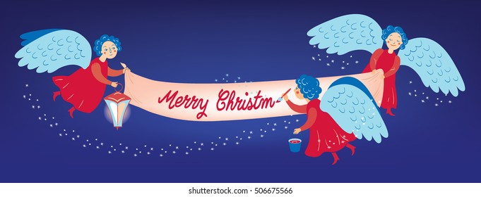 Christmas greeting card. Three red Christmas angels with blue wings flying on the dark background, carrying a lamp and a banner where they a writing Merry Christmas. Vector illustration.