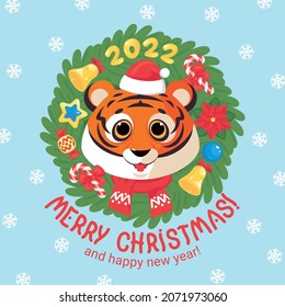 Christmas greeting card with tiger cartoon character 2022 simbol,  christmas wreath decorated and lettering. Winter holidays, new year selebration. Cute tiger decoration