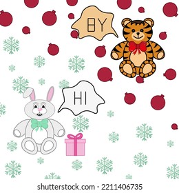 Christmas greeting card with tiger and rabbit, speech bubble with inscription hi and by, snowflakes and xmas balls on white background. Style New Year postcard with symbol 2022 and 2023 year.  