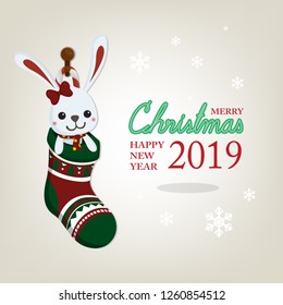 Christmas greeting card with Toy in christmas sock.