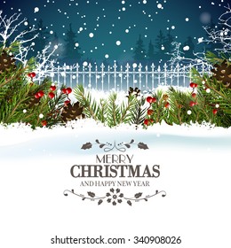 Christmas greeting card with traditional decorations in the snow