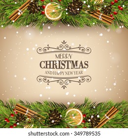 Christmas greeting card with traditional decorations and calligraphic lettering on old paper