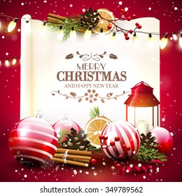 Christmas greeting card with traditional decorations and lantern in front of a old paper with calligraphic lettering