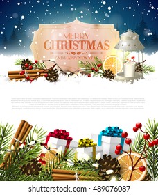 Christmas greeting card with traditional decorations and vintage paper label on white background