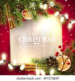 Christmas greeting card with traditional decorations and paper on red background