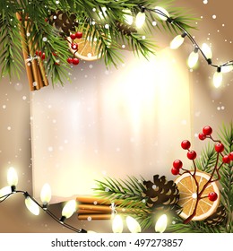 Christmas greeting card with traditional decorations and empty paper