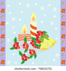 Christmas greeting card with traditional decorations -candles, bells and berries. Vector illustration.
