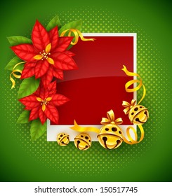 Christmas greeting card with traditional red poinsettia flowers and gold jingle bells on green background - eps10 vector illustration
