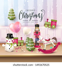 Christmas greeting card with traditional wooden toy decorations on the shelf.