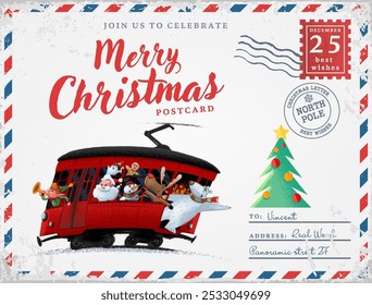 christmas greeting card tram with characters christmas santa claus bear elf penguin snowman reindeer gingerbread