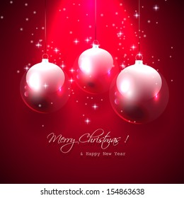Christmas greeting card with transparent baubles on the red background
