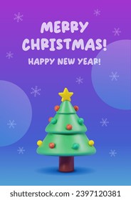 Christmas greeting card. Christmas tree 3d cartoon illustration and snowflakes. Modern blue background. Festive winter banner. Happy New Year. 3d style.