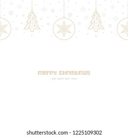 Christmas greeting card. Christmas tree balls, fir-tree silhouettes, garlands, decorations and snowflakes. Holiday dotted signs and symbols hanging on white background.  Vector illustration.