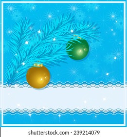  Christmas greeting card with christmas tree, christmas balls and place for your text on a blue background. Vector eps 10.