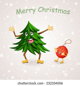 Christmas greeting card. Christmas tree and bottle of ball. Vector holiday background.