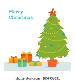 Tarjeta de felicitación navideña, árbol con cajas, regalos y adornos, estrellas y guirnaldas. Diseño tradicional de Año Nuevo y Navidad. Tarjeta de caricatura de las modernas fiestas felices. Ilustración del vector