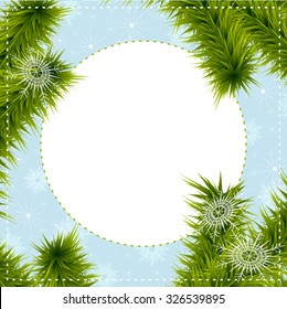 Christmas greeting card with Christmas tree branches and with place for your text on a blue background with snowflakes. Vector eps 10.