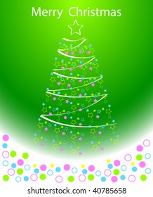 Christmas greeting card with tree and colorful confetti. Vector illustration