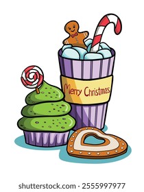 Christmas greeting card with Christmas tree cupcake, decorated hot chocolate and gingerbread heart. Vector cartoon illustration on white background.