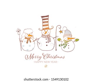 Christmas greeting card with tree cute snowmen on white background