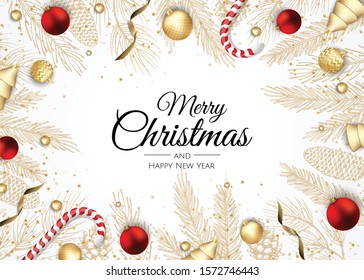 Christmas greeting card with Christmas Tree Decorations, Pine Branches, snowflake and confetti.