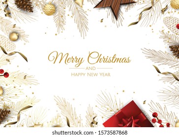 Christmas greeting card with Christmas Tree Decorations, Pine Branches, snowflake and confetti.