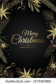 Christmas greeting card with Christmas Tree Decorations, Pine Branches, snowflake and confetti.