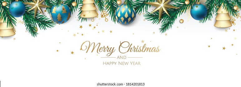 Christmas greeting card with Christmas Tree Decorations, Pine Branches, snowflake and confetti.