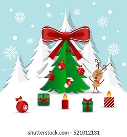 Christmas Greeting Card with Christmas tree and Christmas decorations. Vector illustration