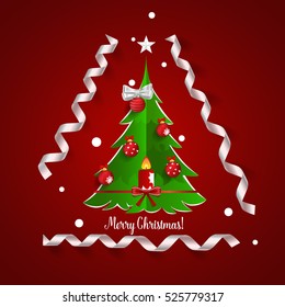 Christmas Greeting Card with Christmas tree and Christmas decorations. Vector illustration.